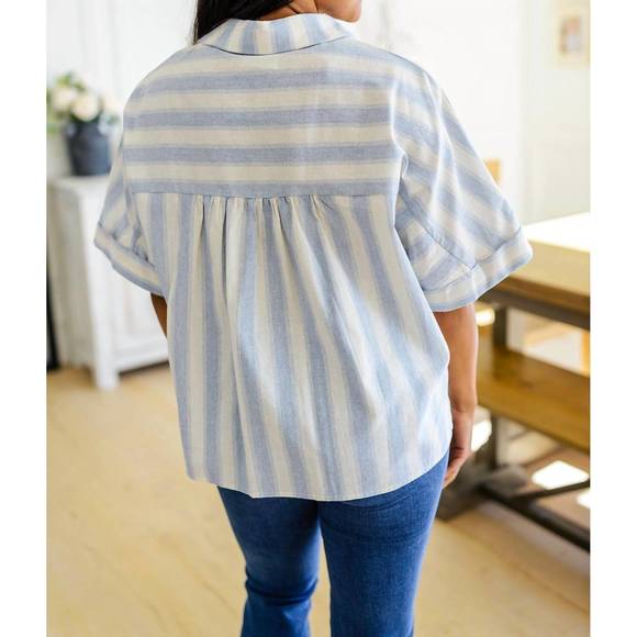 NEW ANDREE BY UNIT tailored to relax striped button down in blue - Picture 3 of 4